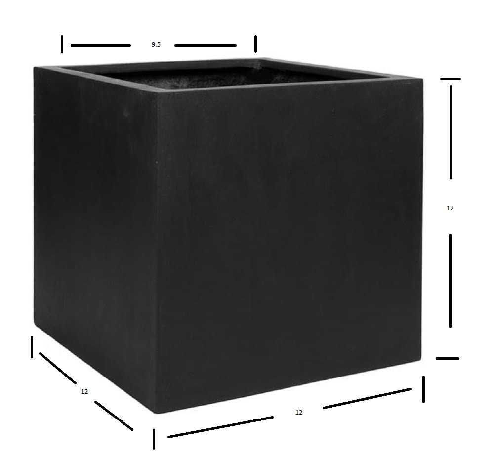 Greeneria Elegant Modern Black Matte Square Indoor Outdoor Planter Pot – 12”H x12”W x 12”L - Cube Shaped Flower Pot