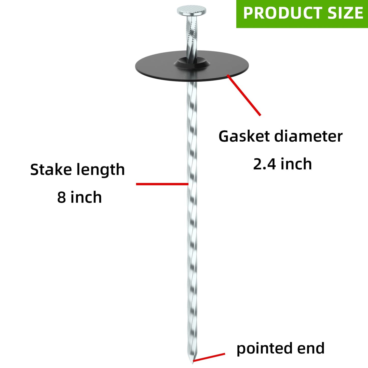 EISENSP 8 Inch Heavy Duty Landscape Stakes with Gasket Caps - 200 Sets Galvanized Spiral Garden Spikes Kit for Securing Weed Barrier Fabric, Artificial Turf, Tent and More