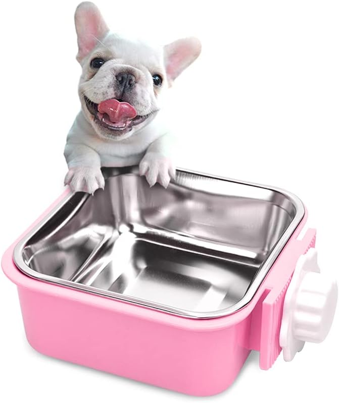 Crate Dog Bowl,Removable Stainless Steel Water Food Feeder Bowls Crate Coop Cup,Pet Cage Bowls with Bolt Holder for Cat, Puppy, Birds, Rats, Rabbits Small Animals ((Blue+Pink) Square, Samll)