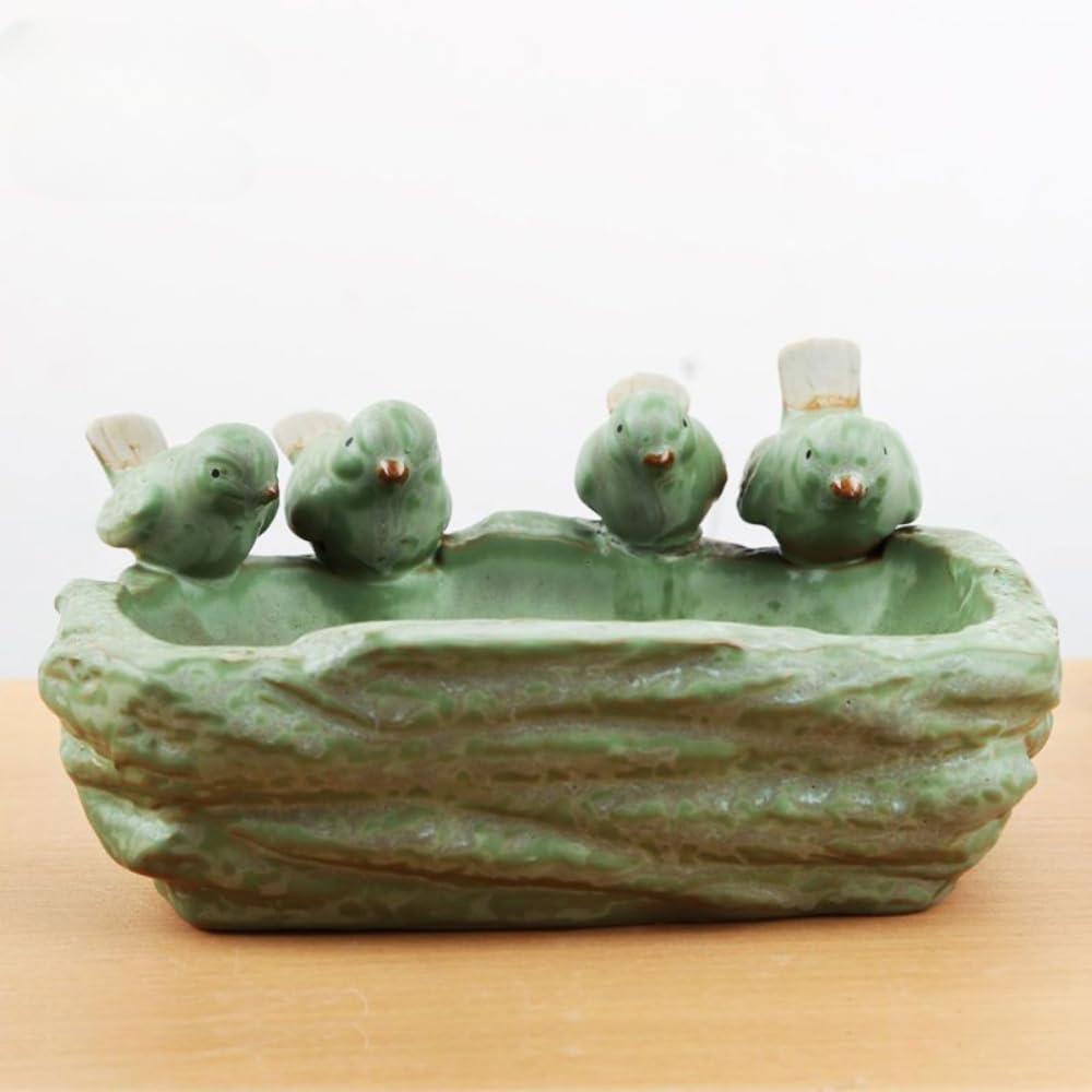 Ceramic Succulent Pot, Handmade Animals Bird Succulent Planter/Plant Pot/Flower Pot/Bonsai Pot for Herb, Succulent,Cactus Container Large-Caliber for Home Decor (Four Birds)