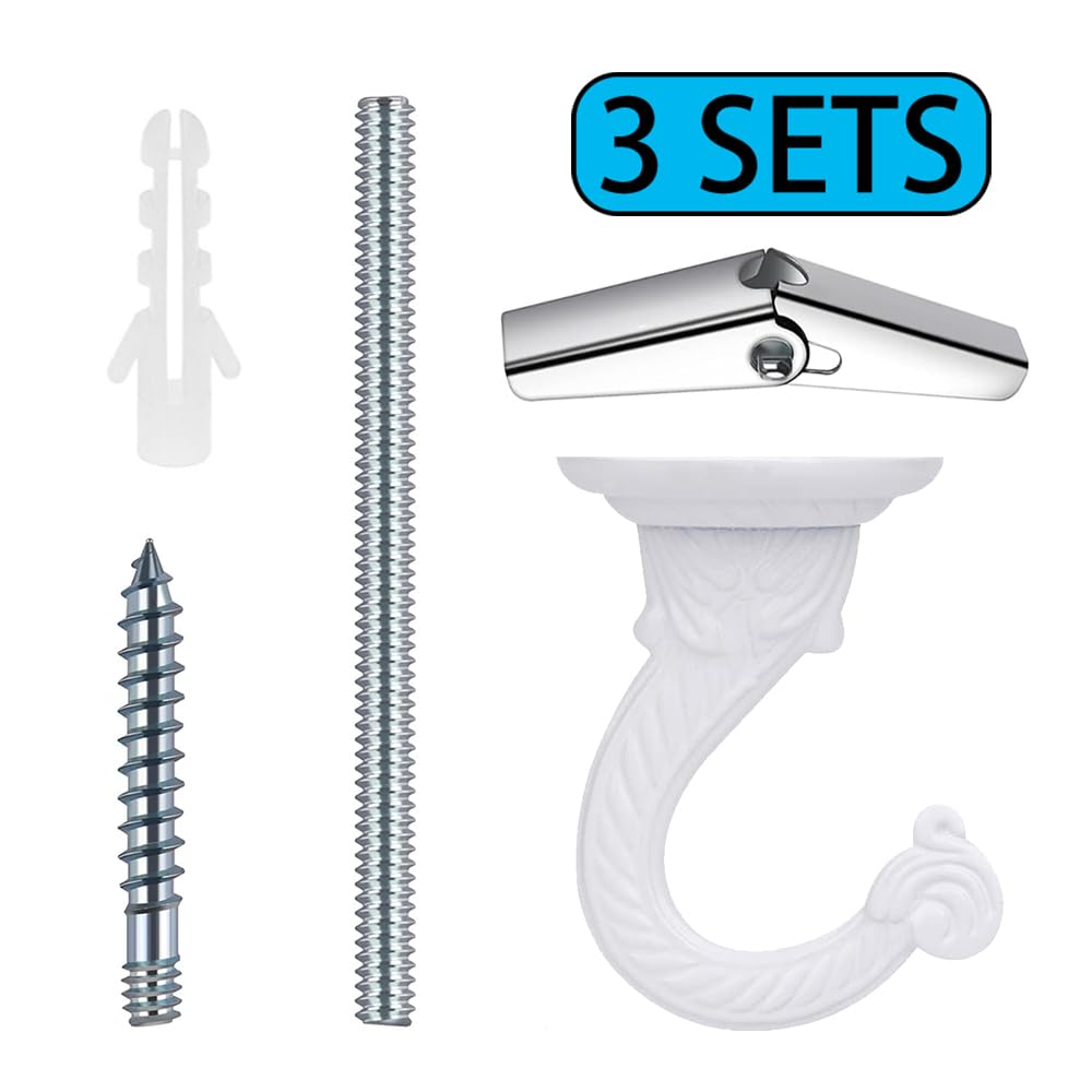 OBSTKUCHEN 3 Sets Large Swag Ceiling Hooks Heavy Duty Swag Hook with Hardware for Hanging Plants Ceiling Installation Cavity Wall Fixing (3 Sets, White)