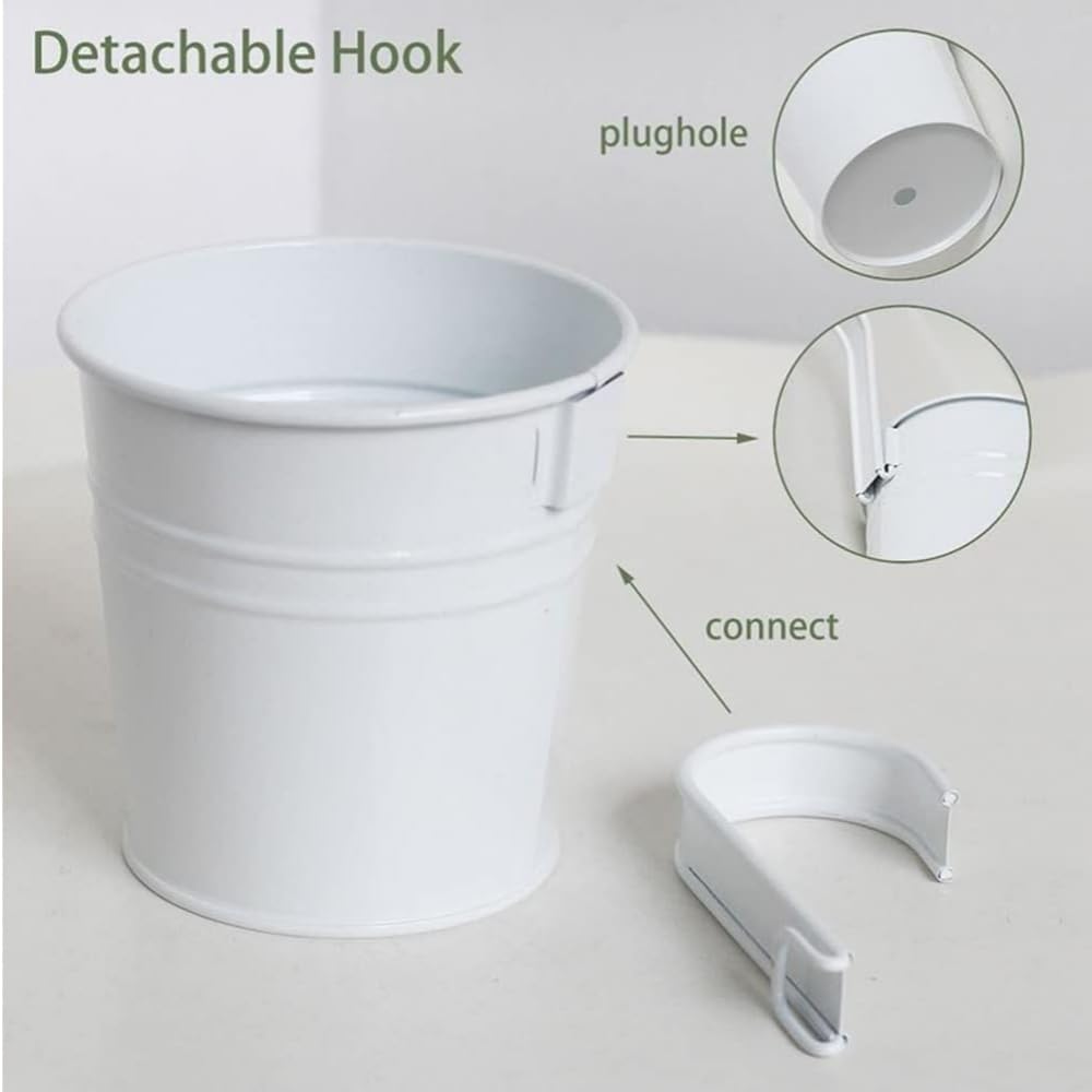 XZJMY 5 Pcs Hanging Flower Pots Metal Iron Bucket Planter Pot Metal Bucket Flower Holder with Hook Indoor Outdoor Decor for Railing Fence Balcony Garden (White)