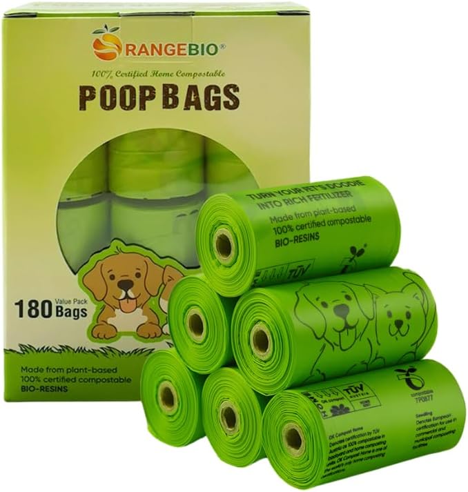 OrangeBio Dog Poop Bags, 100% Certified Home Compostable, 13 x 9 Inches - 180 Count (15 Bags per Roll, 12 Rolls), Unscented, OK Compost Home Certified