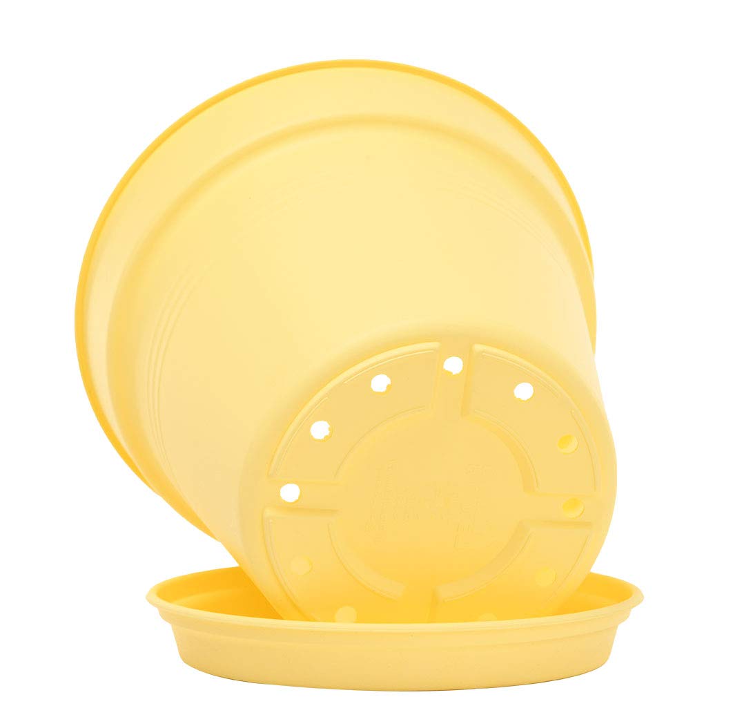 Mintra Garden Pots, 4 Pack Bulk Plastic Plant Pots with Drainage Tray, Round Indoor & Outdoor Decorative Planters with Drain Holes for Flowers, Herbs & Plants, 19cm Diameter – Yellow, 7.5 in