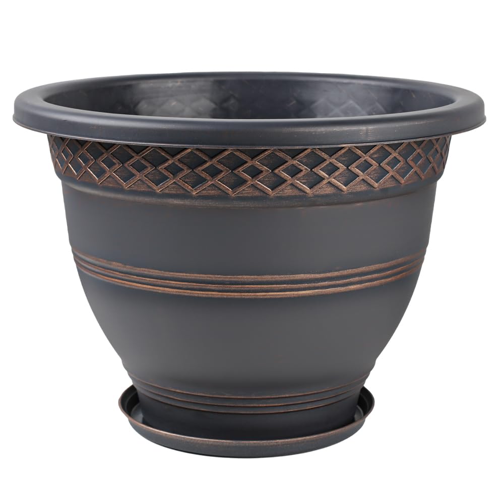 Usocik 10 Inch Plaid Plant Pots 4 Pack with Drainage and Saucers Copper