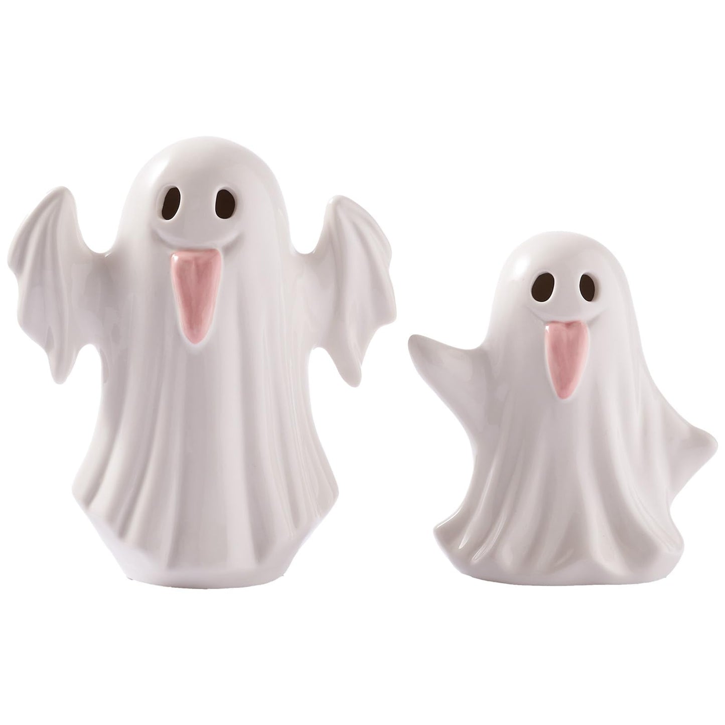 WDS WONDROUS Halloween Decor Light Up Ceramic Ghost Figurines – White Ghost with Pink Tongue Set of 2 – Fall Halloween Indoor Decorations for Home Table Office Desk Decor, Cute Ghost Statues