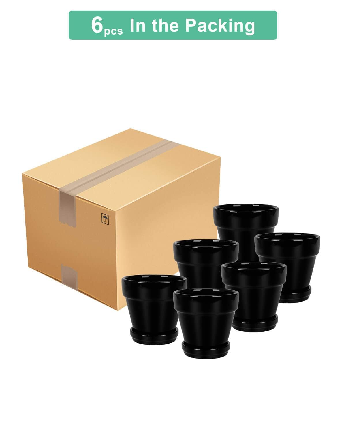 vensovo 4 Inch Black Ceramic Pots for Plant with Saucer - 6 Pack Small Ceramic Planter with Drainage Hole, Flowerpot with Tray, Great for Indoor Outdoor Plants, Crafts, Wedding Favor