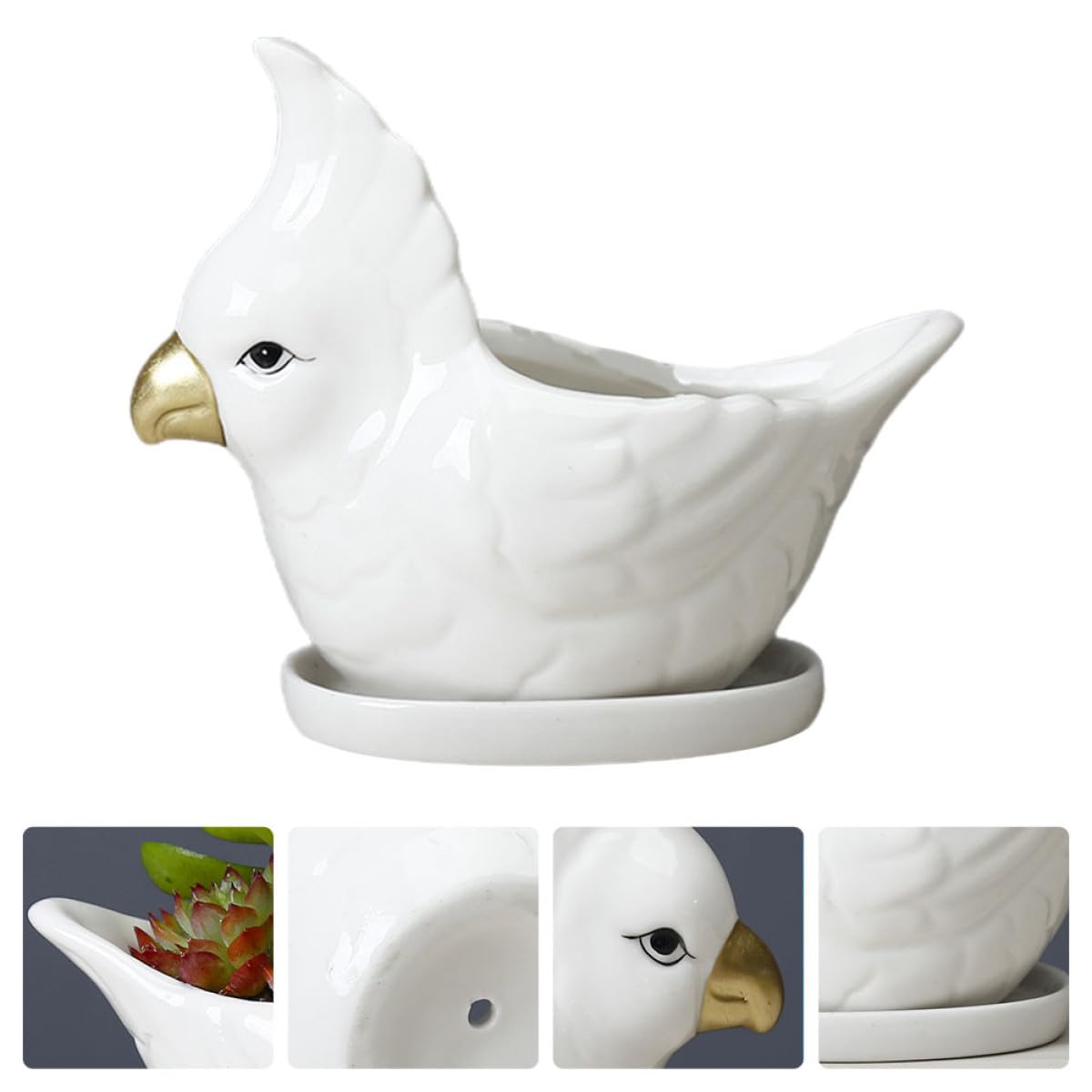 VILLCASE Ceramic Succulent Planter with Saucer Cartoon Bird Flower Pot Desktop Bonsai Pot for Indoor Balcony Gardening Decor