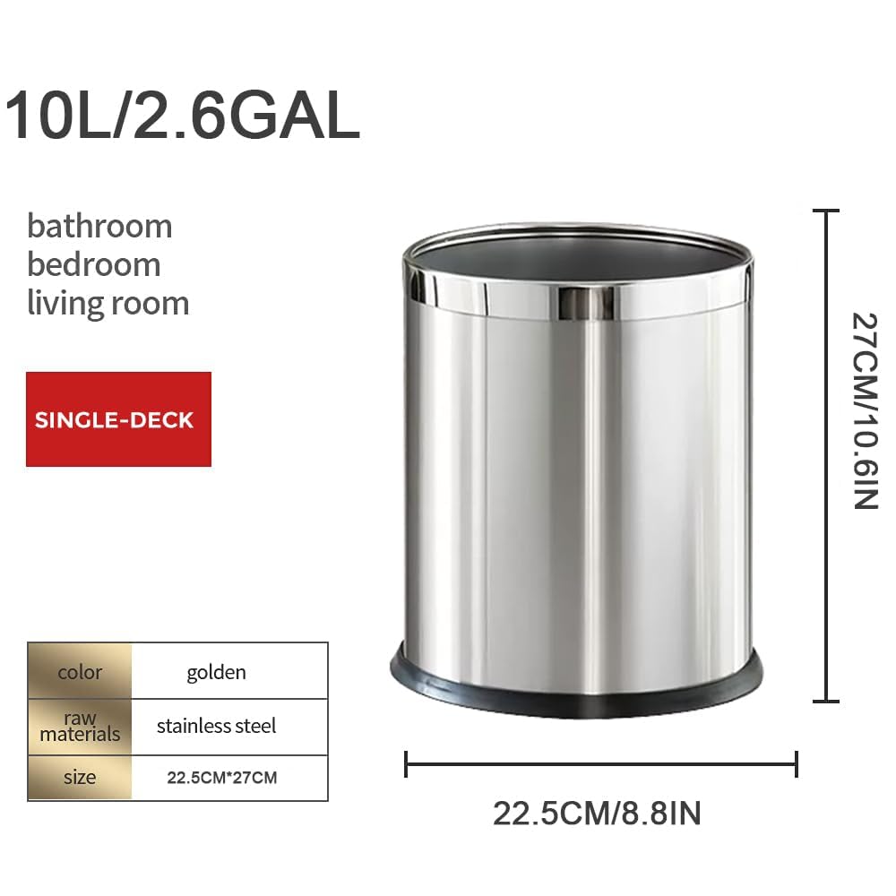 LEASYLIFE 2.6Gallon/10L,Stainless Steel Bathroom Trash Can,Chrome Trash Can,Silver Garbage Can for Office,Wastebasket for Hotel,Office,Store,Metal Trash bin Without lid (Silver)