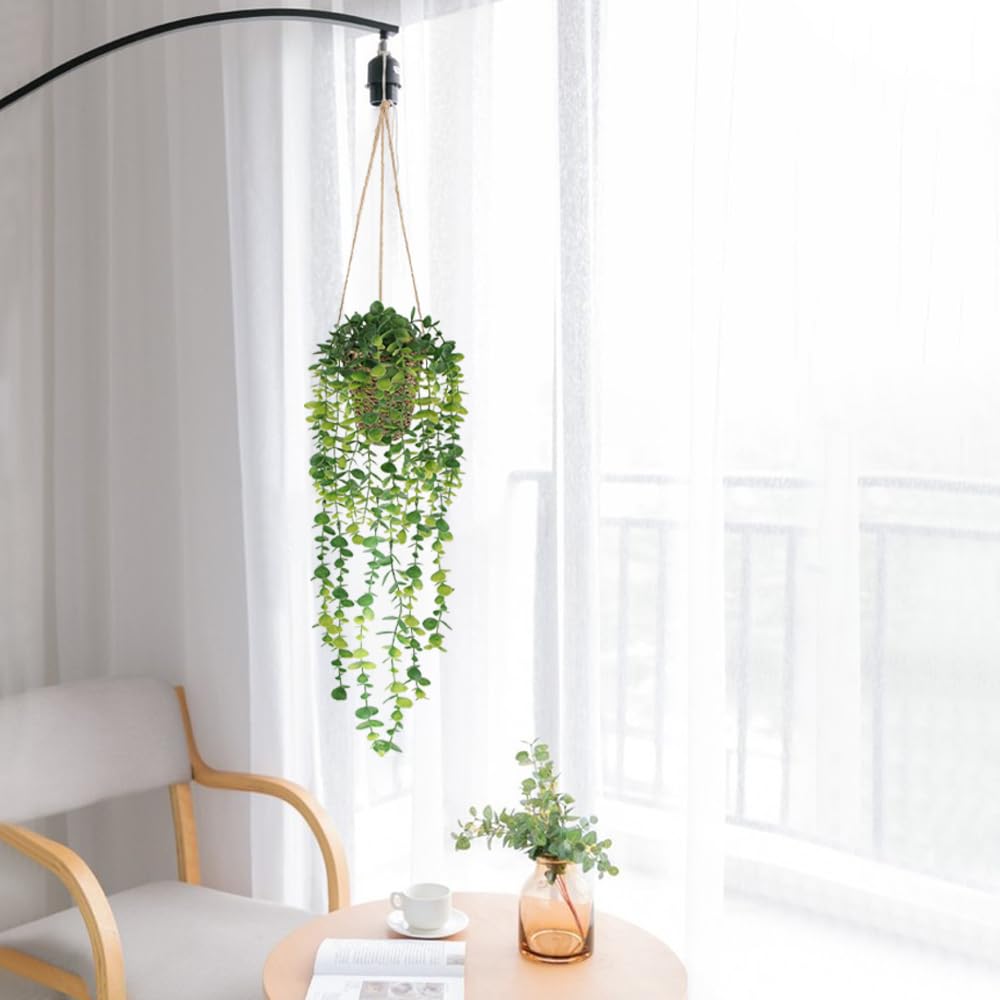 Nisoger Fake Hanging Plant with Woven Basket, 2 Pack Artificial Hanging Plants, Faux Vines Eucalyptus Leaf Hanging Pot Plant for Wall Home Room Indoor Outdoor Bedroom Bathroom Office Decor