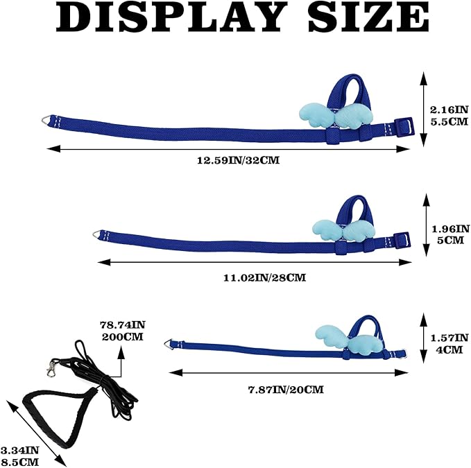 Cockatiel Harness and Leash, Adjustable Parrot Bird Training Design Anti-Bite, Bird Nylon Rope with Cute Wing for Cockatiel and Same Size Birds (L, Blue)
