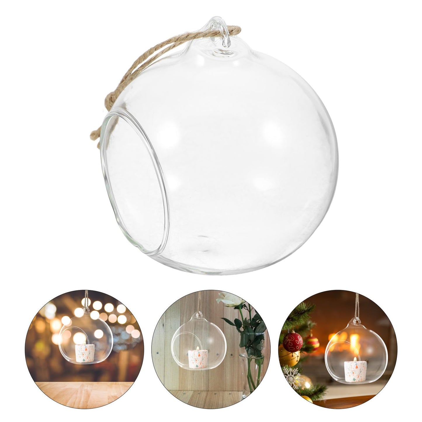 Zerodeko 5pcs Hanging Glass Bauble Candle Holders with 8cm Opening and 1.2m Jute Rope, Sphere Tea Light Holders for Indoor Plant Terrariums and Home Décor