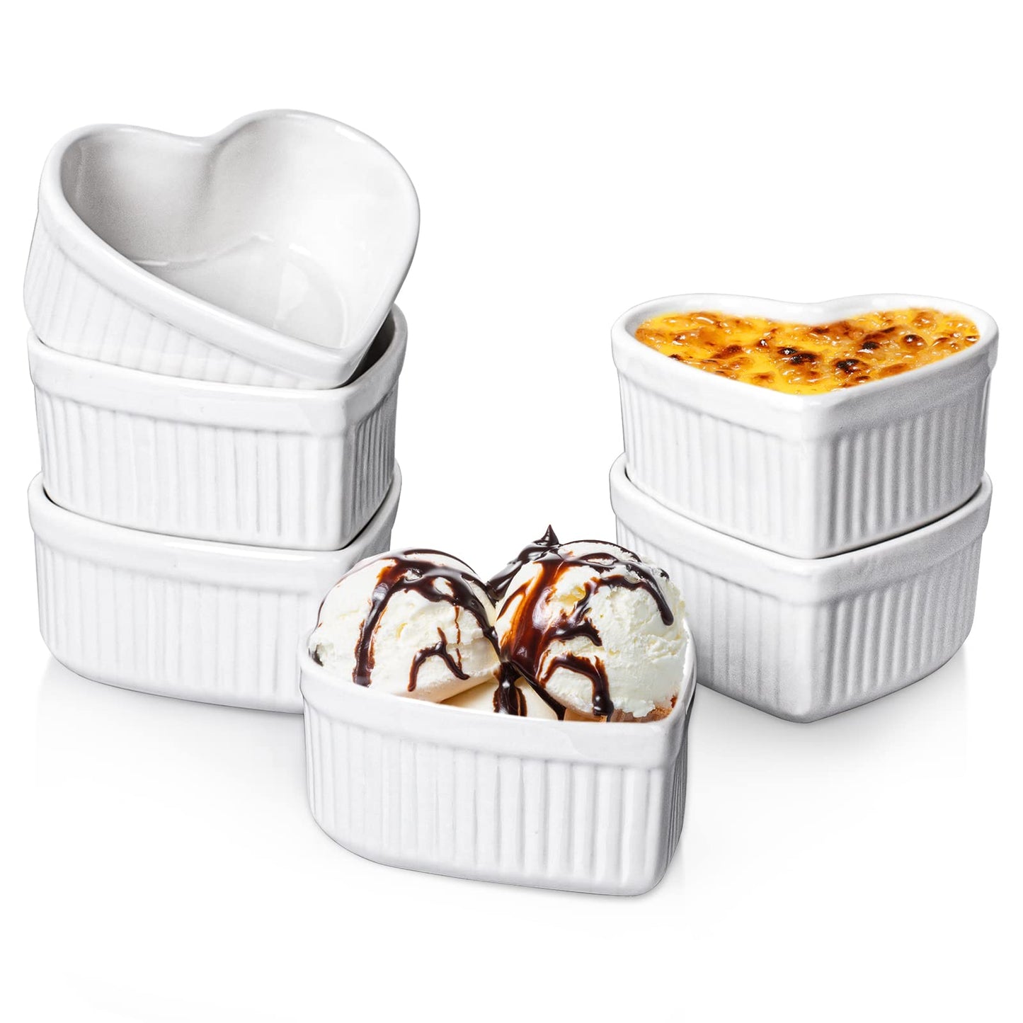 DELLING Heart Shaped Ramekins 6 Oz Oven Safe Set of 6, Porcelain Creme Brulee Dishes - Small Baking Bowls for Souffle Dessert Snack Quiche, Valentines Day Gift, White