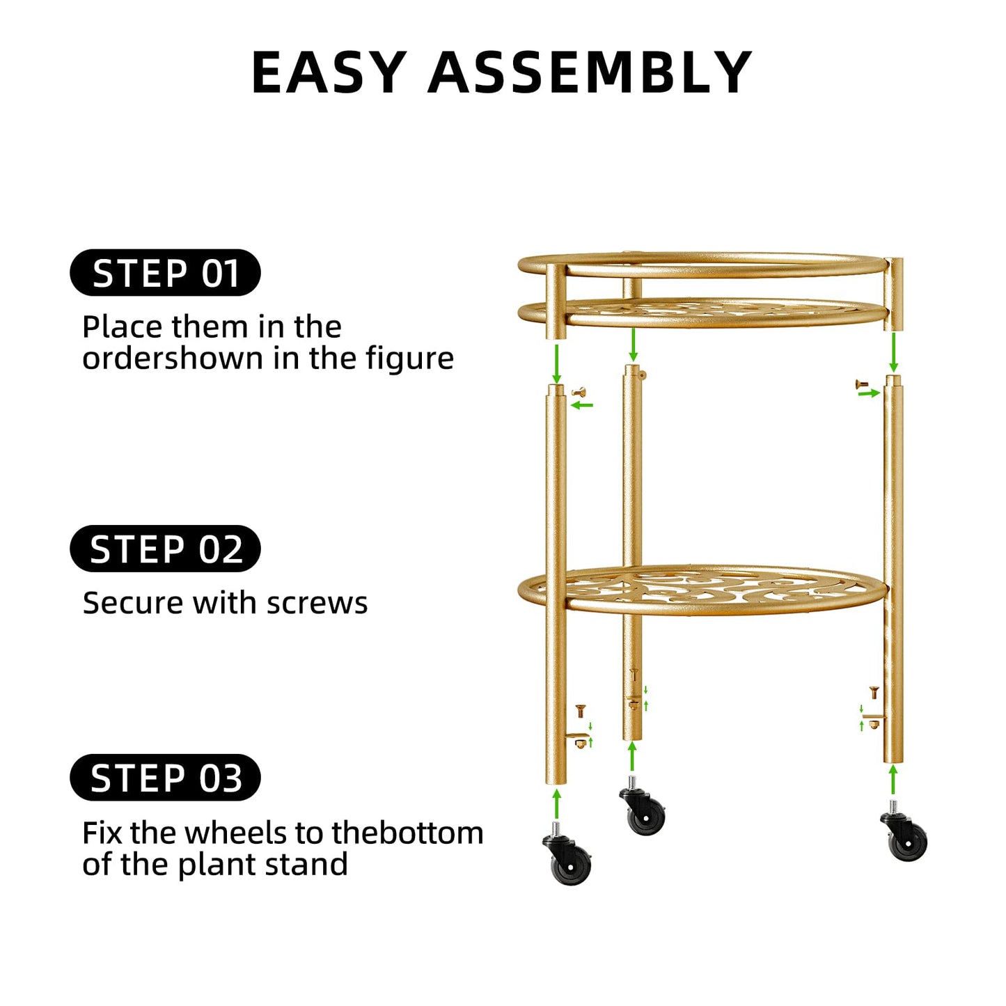 Rioneta Rolling Plant Stand with Wheels – 2 Tier Flower Pot Holder for Indoor & Outdoor, Easy Move Cart for Balcony, Patio, Garden, 165 lbs Capacity Golden