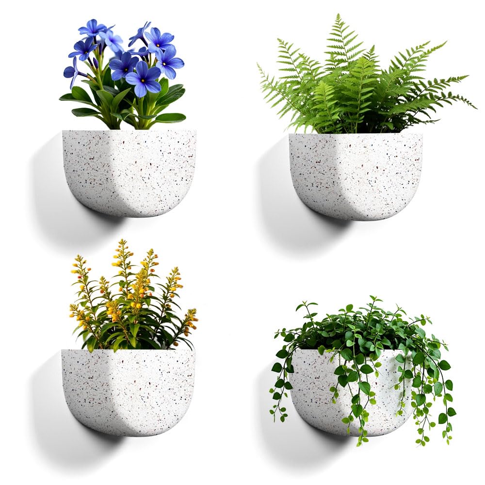 Asnext 2 Pack Wall Hanging Planter Pots for Indoor and Outdoor Plants, 7 Inch Half-Moon-Shaped Plastic Wall Planter, Wall Mounted Succulent Planters (Speckled White)