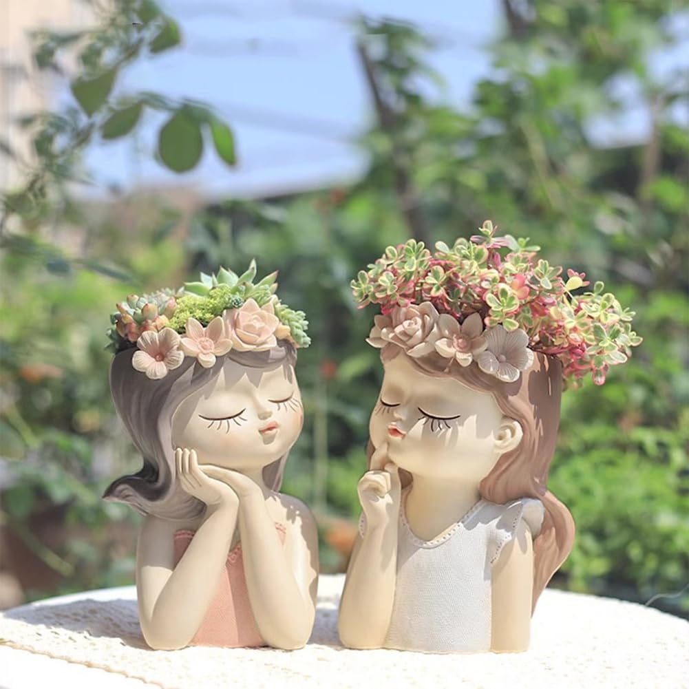 B,Resin Human Head Planter, Cute Girl Face Succulent Pots, Succulent Plant Pot for Indoor Outdoor Cacti Home Garden