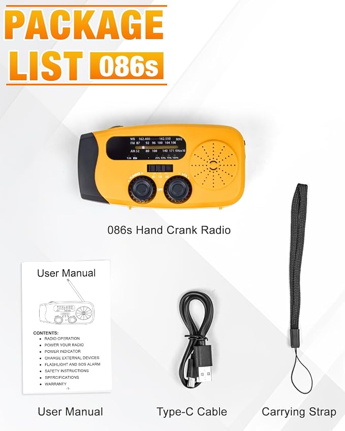 Hand Crank Radio with AM/FM/NOAA Weather Bands,for Emergencies, Camping | 3 LED Flashlights,SOS Function,Solar Powered,Hand Cranked, 2000mAh/7400mWh Charger,for Power Outage - Orange