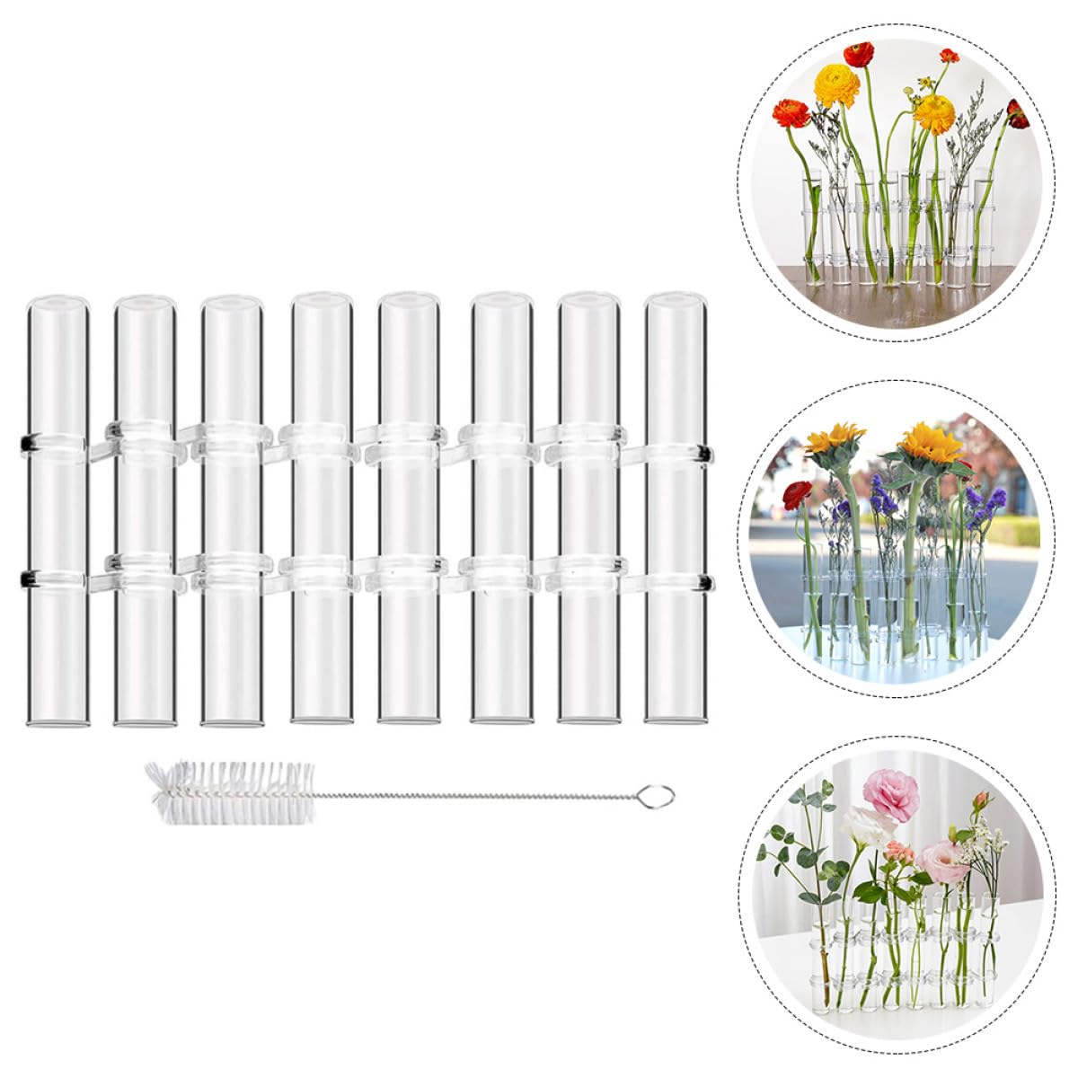 Toyvian Glass Vase for Indoor Plants Propagation Tubes Large Test Tube Flower Vase with Brush 8pcs Set Hydroponic Home Decor Terrarium Pot