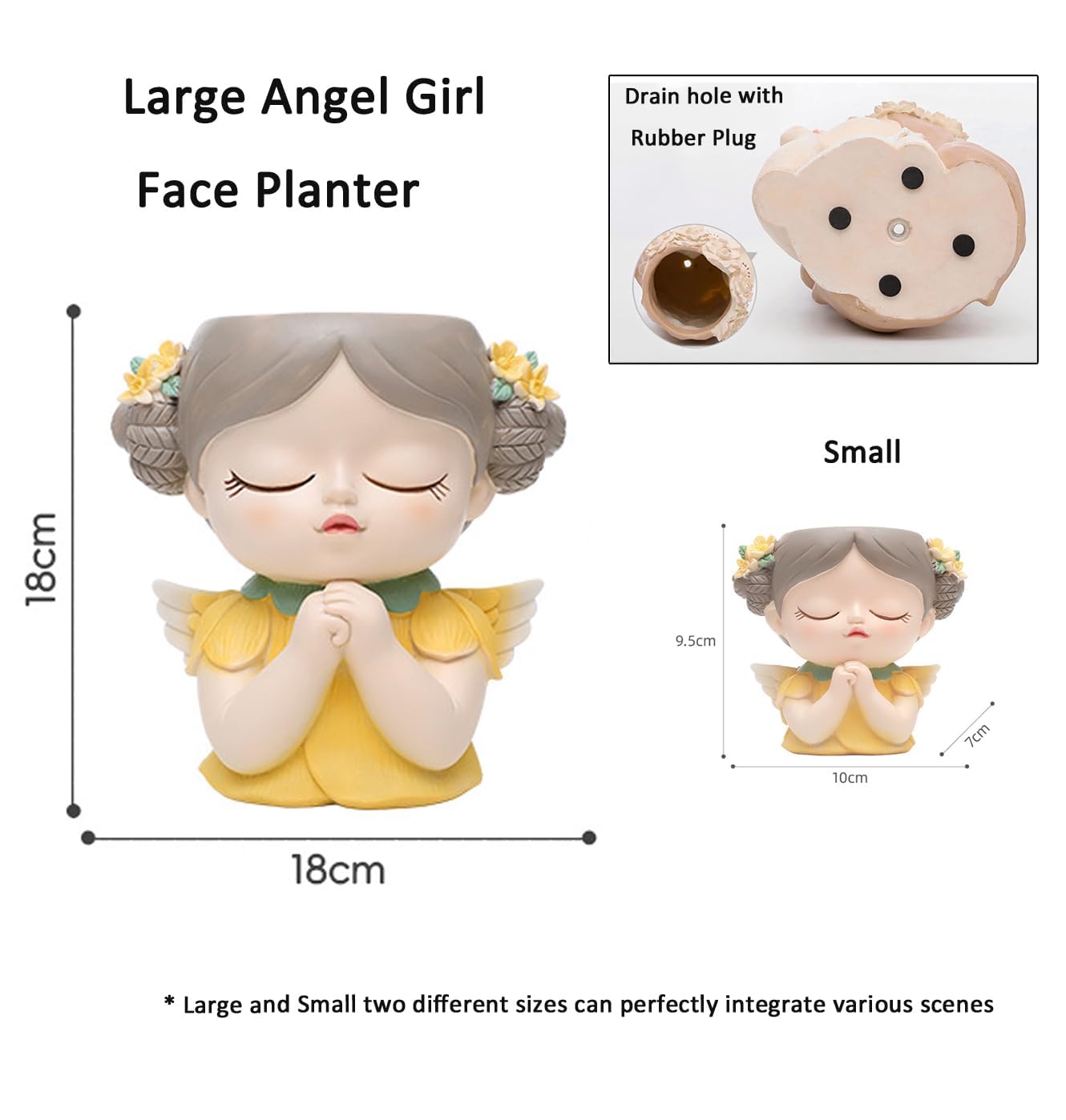 Adorable Large Angel Girl face Planter Cute Big Succulent Pot with Drainage Hole Lady Head Planter Farmhouse Resin Flower Pot Decorative vase for Indoor and Outdoor Plants Gifts