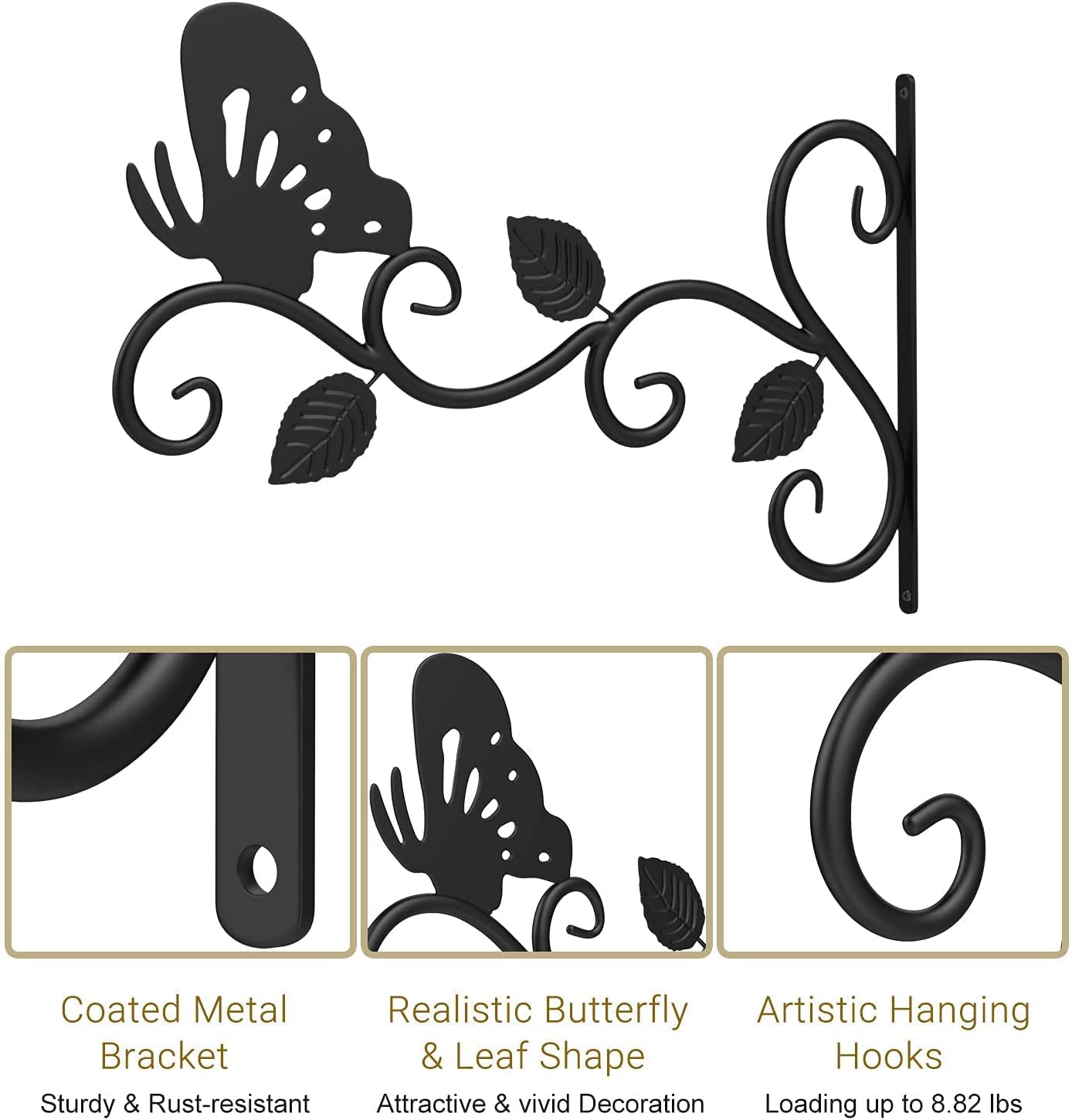 2Pack Hanging Plants Bracket Outdoor,12 Inch Plant Hooks for Hanging Baskets Wall-Mounted Gardening Bracket Hook for Bird Feeders,Flower Baskets,Lantern,(Butterfly)