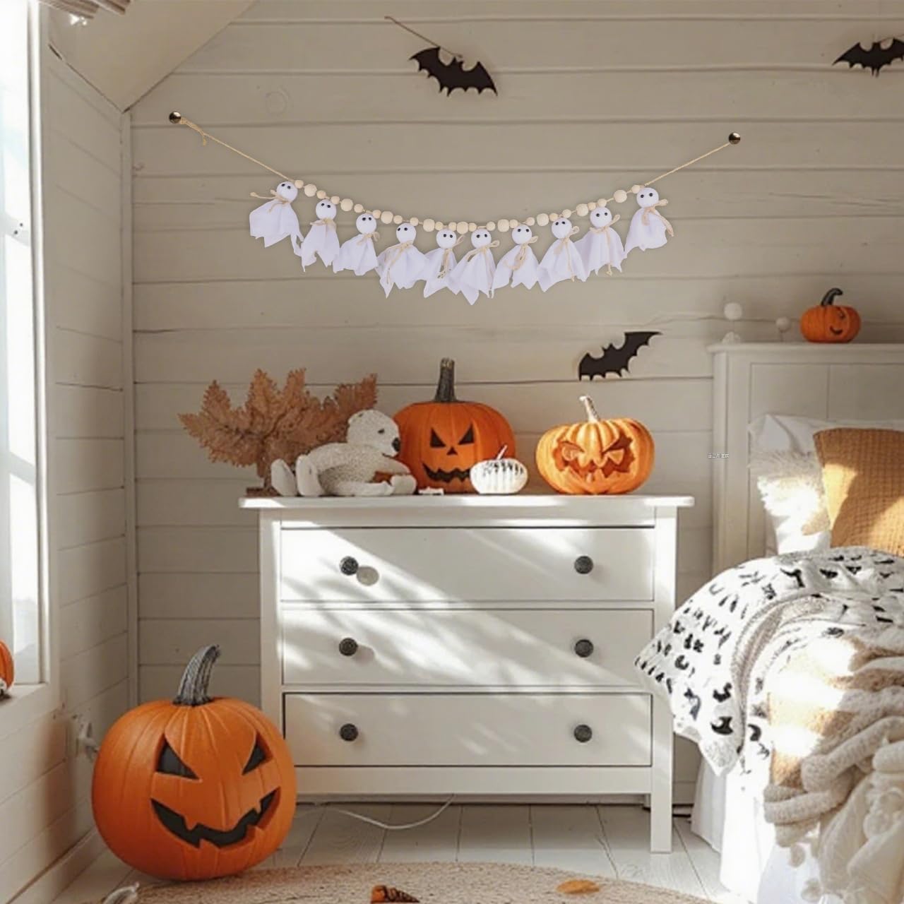 Halloween Decorations Indoor,7Ft Cute Halloween Ghost Garland with Wooden Beads,Handmade Rustic Banner for Mantel Wall Home Office School Indoor Outdoor Spring Decor Supplies