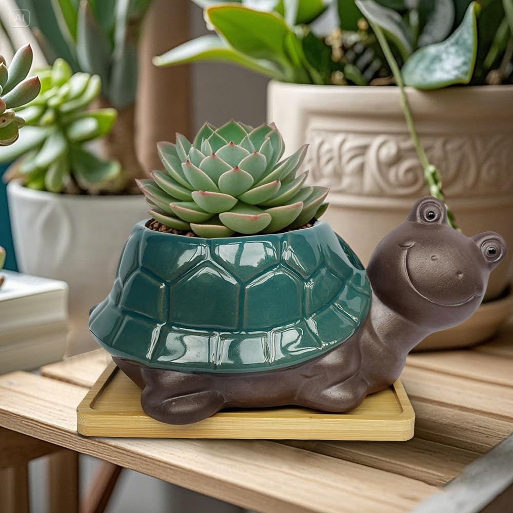 MUZHI Ceramic Bonsai Pot with Bamboo Tray SmilingTurtle Shape, Cute and Funny Animal Plant Pot with Drainage Hole, Art Desk Decorations and Gift