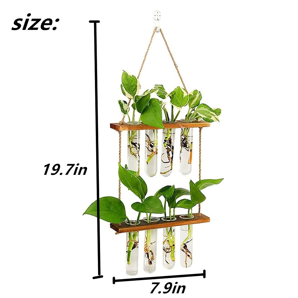 Hiuxume 2 Tiered Wall Hanging Planter, Wooden Stand with Glass Planter Test Tube Vase for Hydroponic Plant Propagation, Perfect for Indoor and Outdoor Decor