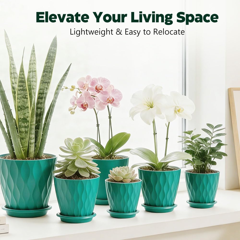 KEETUMOOD Plant Pots, Self Watering Planters with Drainage Holes and Trays, Flower Pots for Indoor Outdoor - 6 Pack(4/5/6/6.5/7/8 Inch) (Dark Green)