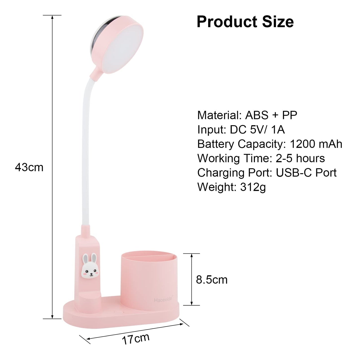 Hacevida Cute Pink Rabbit Lamp for Kids Reading Study - Star Projector/Pen Holder/3 Brightness/Eye Caring, Rechargeable Led Table Desk Lamp for Home Office Dorm Decor, Ideal Birthday Christmas Gifts