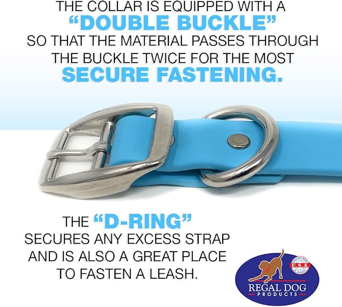 Regal Dog Products Medium Light Blue Dog Collar with Heavy Duty Double Buckle & D Ring | Vinyl Coated, Custom Fit, Adjustable Biothane Dog Collar Chew Resistant Waterproof Collar for Dogs