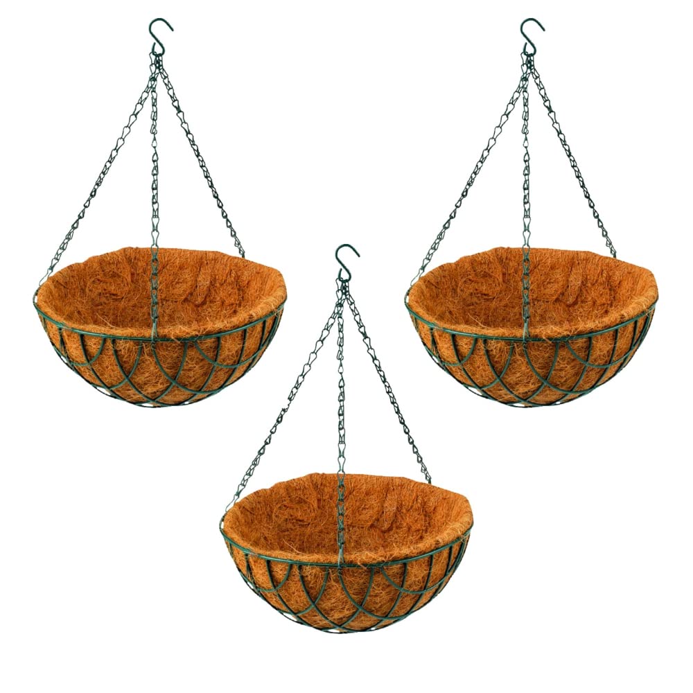 Rocky Mountain Goods Green Hanging Basket with Natural Coconut Liner - Thick Coco Liner Hanging Planter for Less Watering - Extra Strength Chain and Hook Included (3, 12")