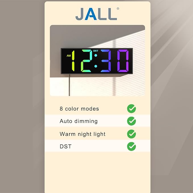 JALL 12" Large Digital Wall Clock, Big LED Number Dispaly, RGB Colors, DST, Night Light for Classroom Living Room Bedroom Mounted Birthday Xmas Gift for Senior, Mem Womem (A White Shell, 12 inches)