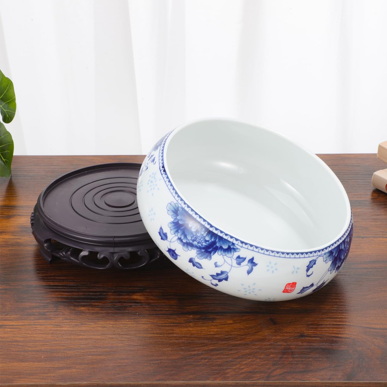 DOITOOL 7 Inch Lotus Bowl Planter Water Lily Pot with Stand, CactuSucculent Planters Cactus Hydroponic Container, Ceramic Blue and White Pots for Water Plants Lotus Flower Bonsai, No Drainage Hole
