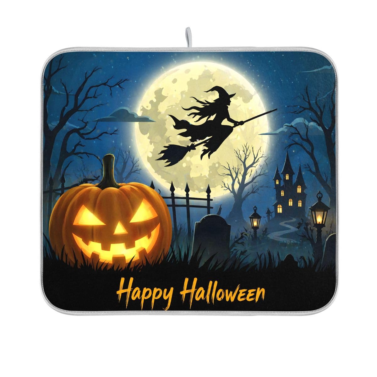 Halloween Night Witch Bat Dish Drying Mat,Pumpkin Latern Absorbent Dish Drying Mat for Kitchen, Extra Large, 16" x 18"