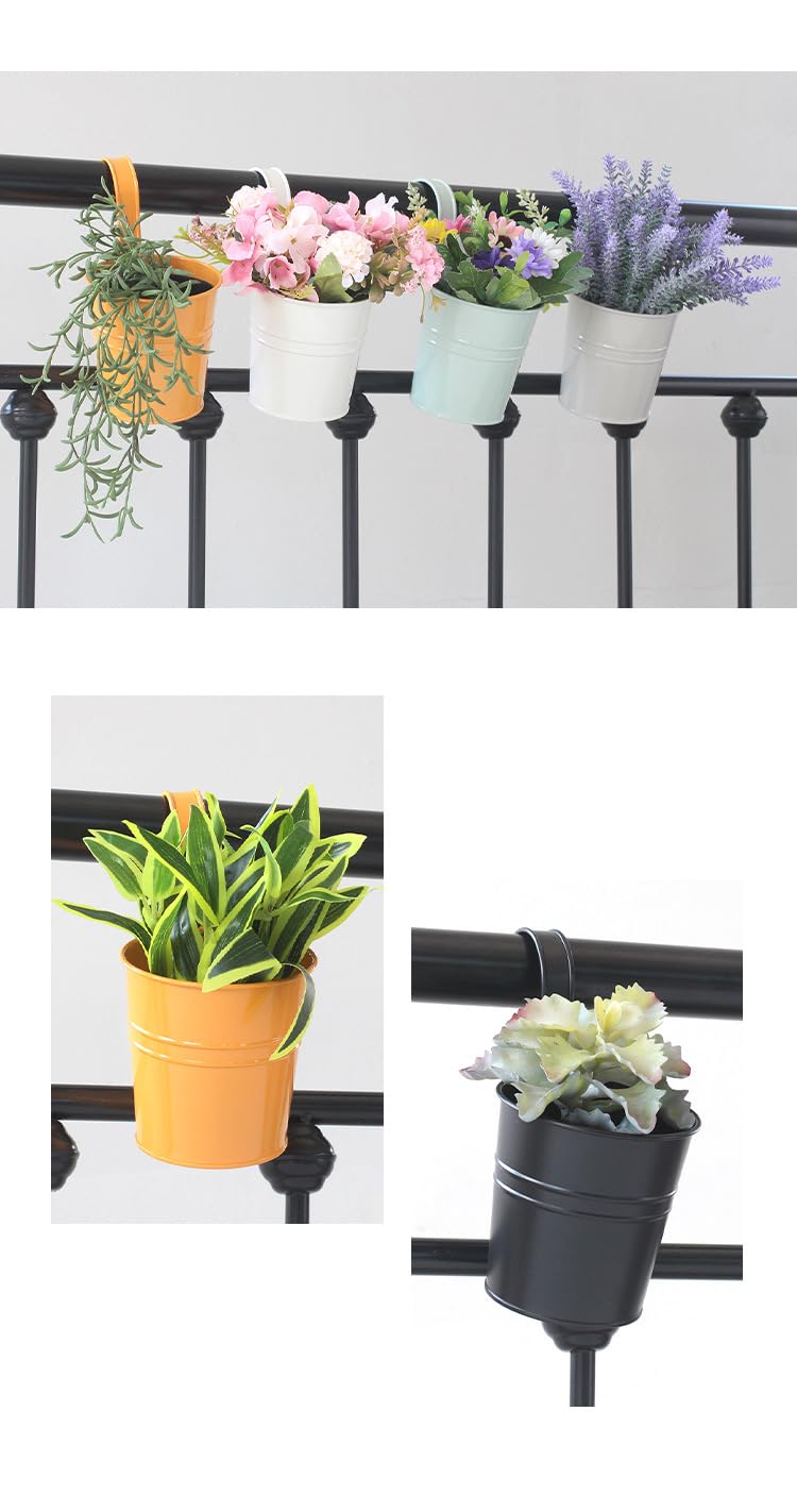 Leoyoubei Hanging Flower Pots for Outdoor Indoor Plants with Removable Hooks -5 Pack Metal Buckets Hanging Plant Pots Wall Fence Home Decor-Storage Box,Drainage Holes -5''Diameter (Black)