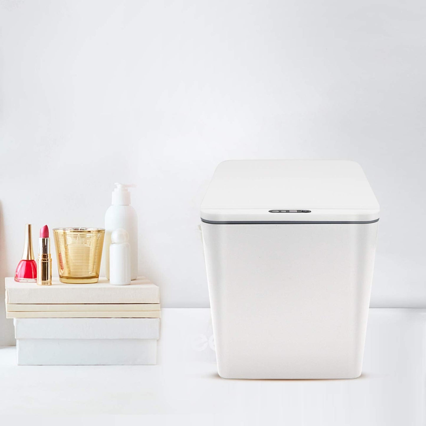 FEBHBRQ Automatic Small Countertop Trash Can with Lid, 1.5 Gal/6L Toucheless Mini Waste Bin for Office Desk/Bedside Table/Coffee Bar -Batteries, White