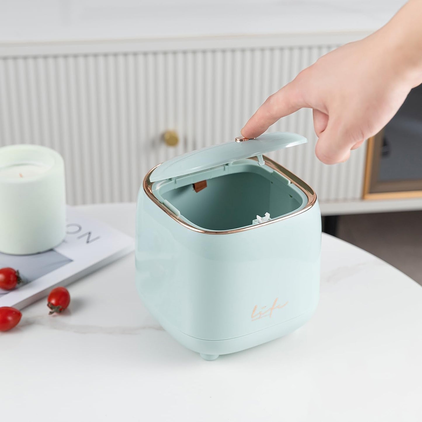 Yuzita Mini Desk bin with lid,Small Plastic Trash can for Kitchen Bathroom Office countertop,Button Desktop Waste bin,Waterproof Rubbish bin with 50 Trash Bags (Light Green)