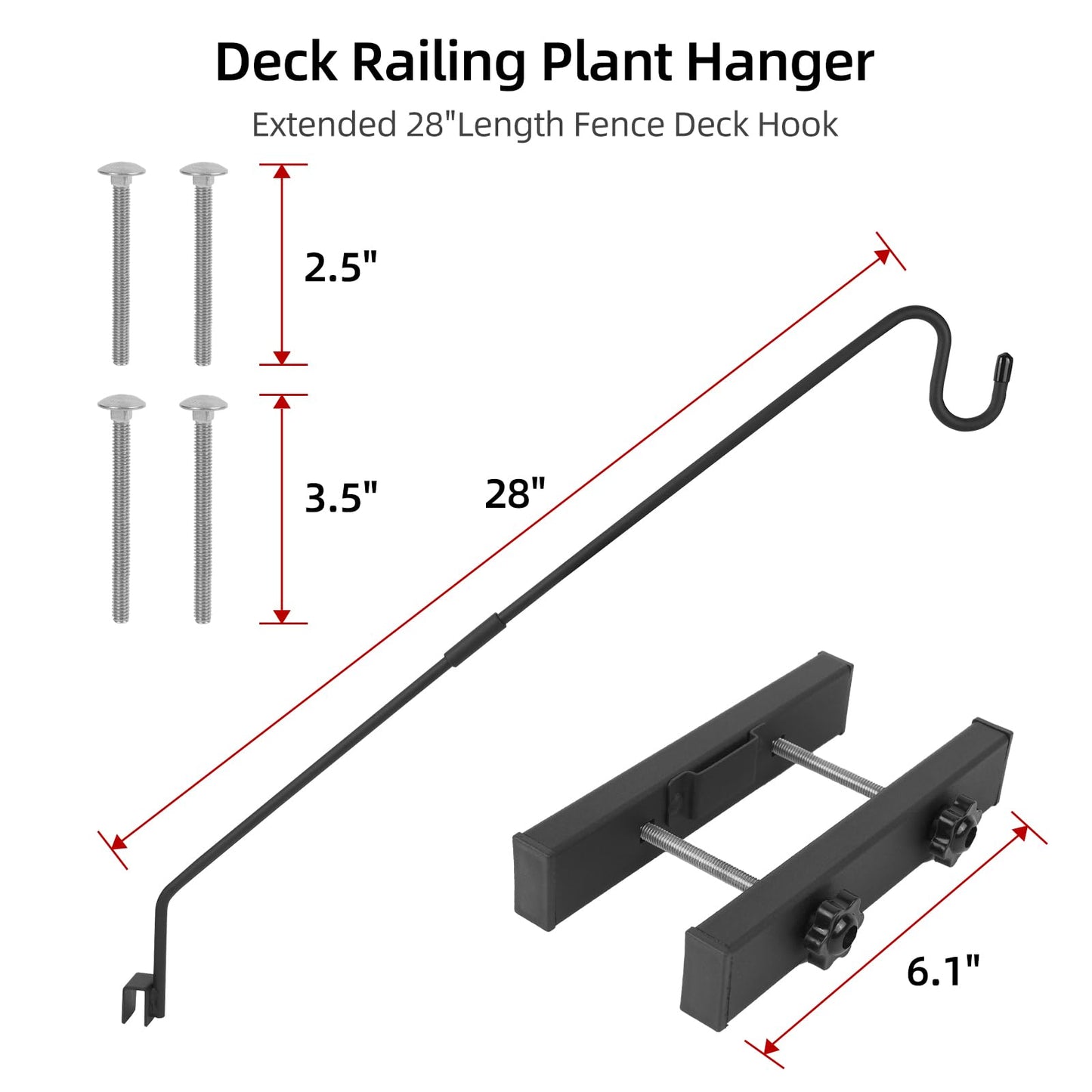 Monalife Deck Hook Railing Mount - Heavy Duty Metal Shepherds Hook Bracket for Outdoor Plant Hanger, Bird Feeder Hanger, Plant Hooks, Flower Baskets, Lanterns - 360° Rotating Pole, Extended Arm
