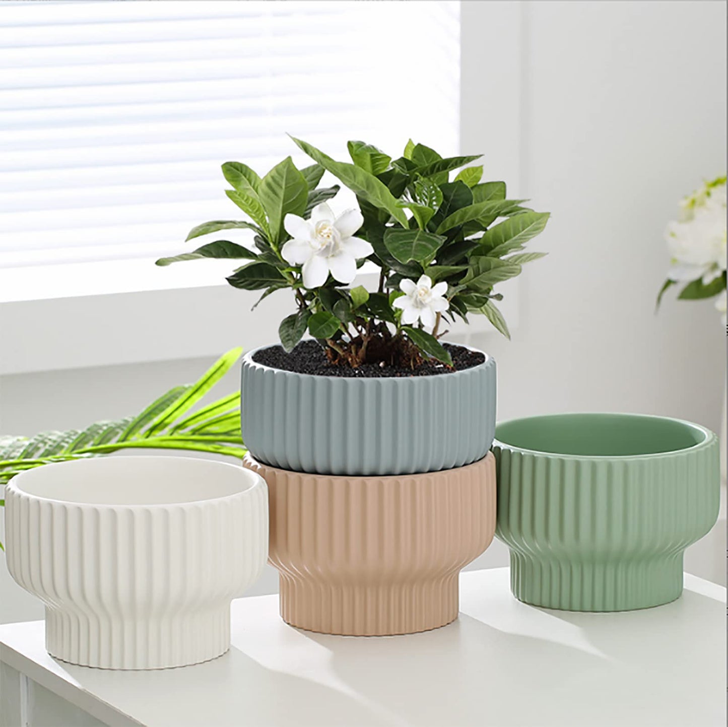 Puoyik 2 Piece Set of Flower Pots 8/6 inches, Ceramic Flower Pots with Drainage Holes, Indoor and Outdoor Plant Flower Planter (7.8/5.9 Blue)