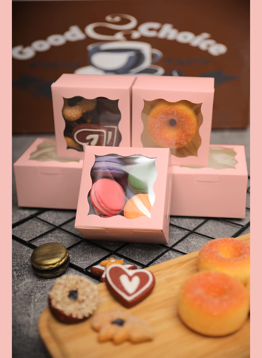 Bakepacker Pink Bakery Boxes with Window 4x4x2.5 inches Small Size Pastry Boxes Mini Cookie Boxes for Bakerys Thick & Sturdy (100 Packs)