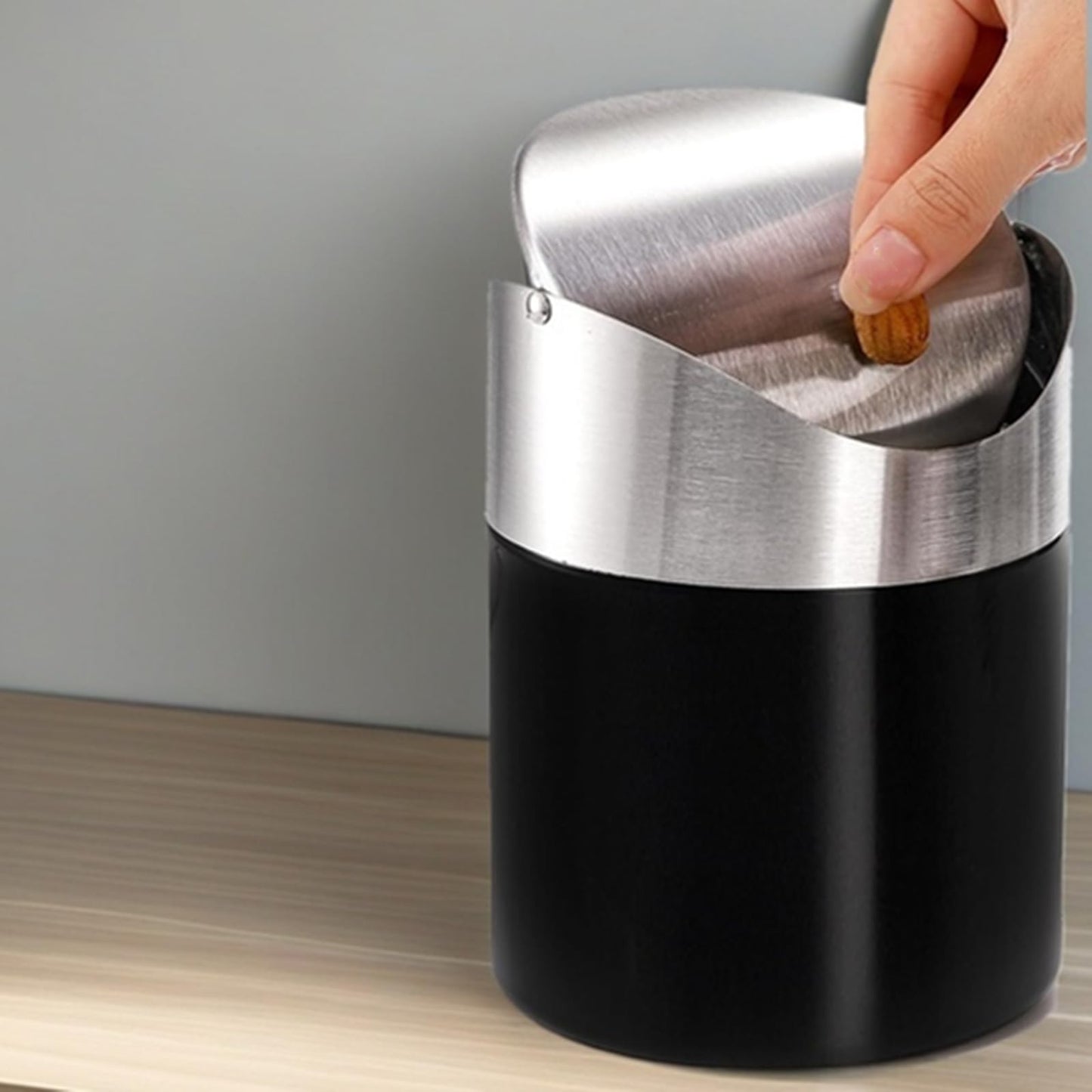 ToppYuanZea 2 Pack Mini Trash Can for Desk, Swing Lid Brushed Stainless Steel Countertop Garbage Bin with 12 Rolls Bags, Modern Tiny Waste Basket for Vanity, Makeup Tabletop, Office Desk, Coffee Table