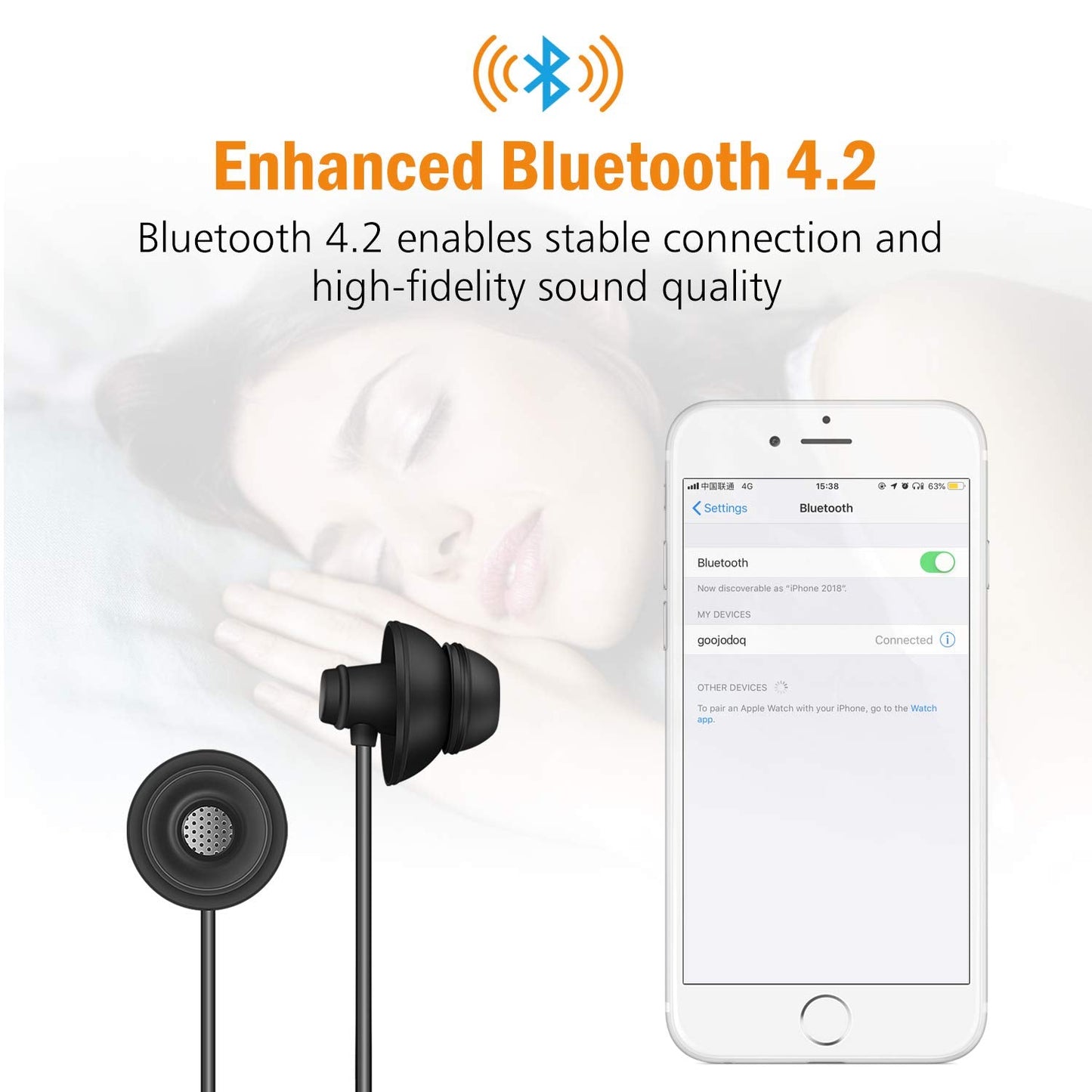 GOOJODOQ Bluetooth Sleeping Headphones Bluetooth 4.2 Wireless Soft in-Ear Sleeping Earbuds, 18 Hours Music time, Wireless Sleep Headsets for Insomnia, Side Sleeper, Gym, Relaxation and Sports-Black