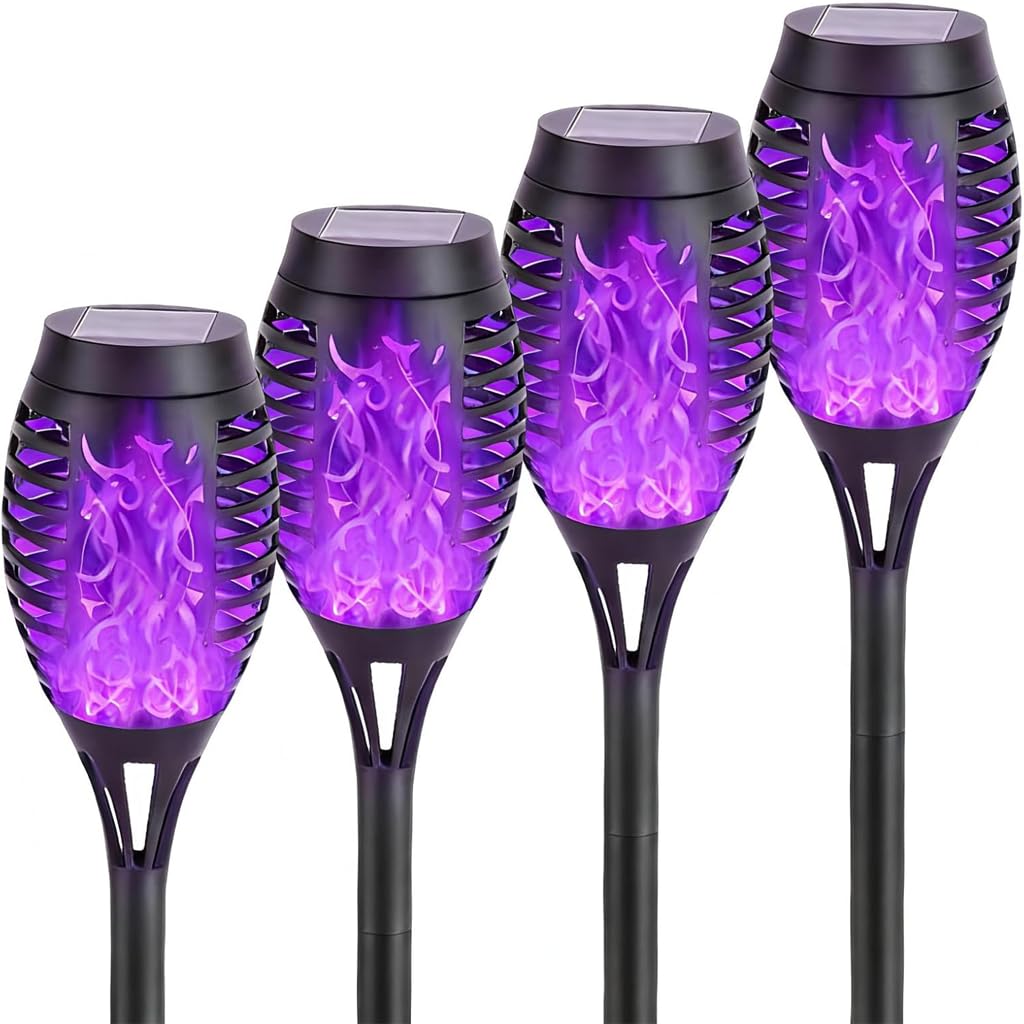 HSKMNFCQF 4 Pack Solar Flame Lights Outdoor, Flickering Flame Torch Lights, IP65 Waterproof Solar Powered Garden Lights for Patio Lawn Yard Pathway Decor (Purple)
