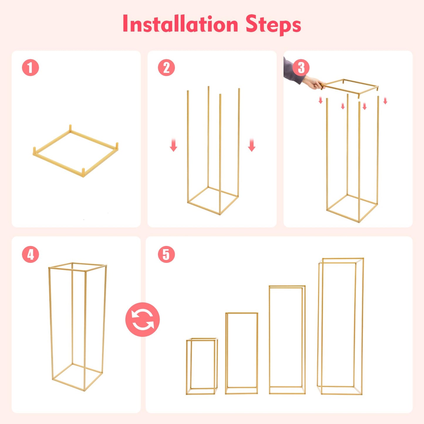 4 Pcs Inweder Column Vases Wedding Centerpieces, Different Sizes Gold Floor Vase, Tall Metal Vase Column, Rectangular Geometric Flower Rack,for Wedding Decorations, Event, Home, Party(16",24",32",40")