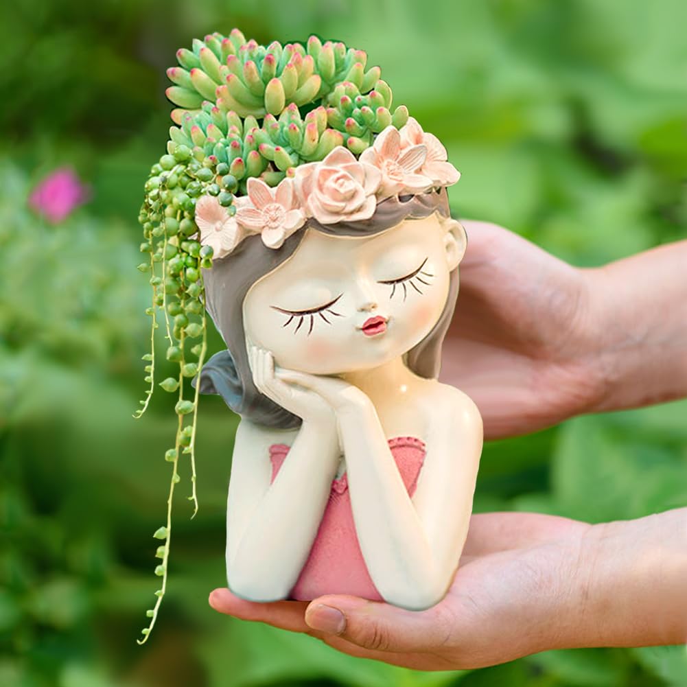 Snowy sunday Adorable Fairy Girl face Succulent Pot 2-Packs with Drainage Hole, Resin Head Planter Pot for Indoor Plants, Decorative Flower vase,Gifts Idea for Lady (Medium-Tranquility)
