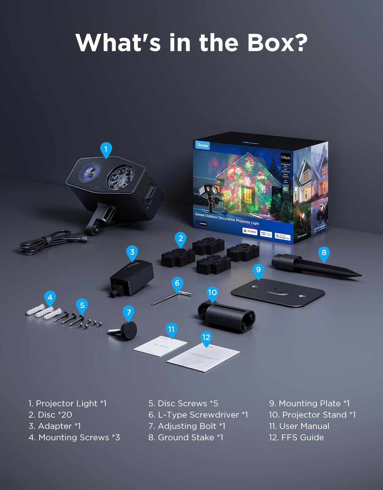 Govee Outdoor Decoration Projector Light, Upgraded LED Snowflake Projector, 180° Rotation, 20 HD Effects & 58 Scene Modes with App Control, IP67 Compatible with Alexa, Google Assistant, Matter