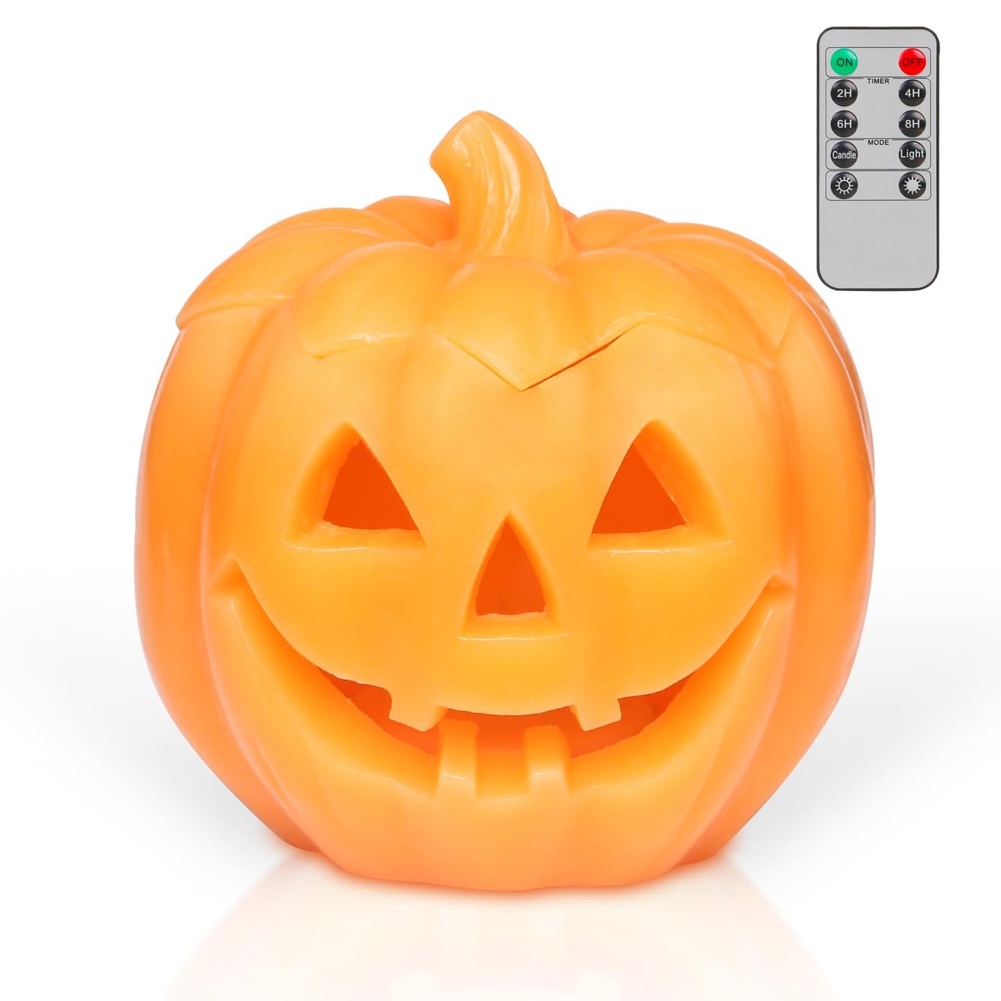 Romingo Decoration flameless Pumpkin Candle Halloween Smile Lighted Pumpkin with 10-Key Remote, Pumpkins Shaped Flameless Real Wax Flickering Candle with Timer for Home Table Centerpiece Decoration