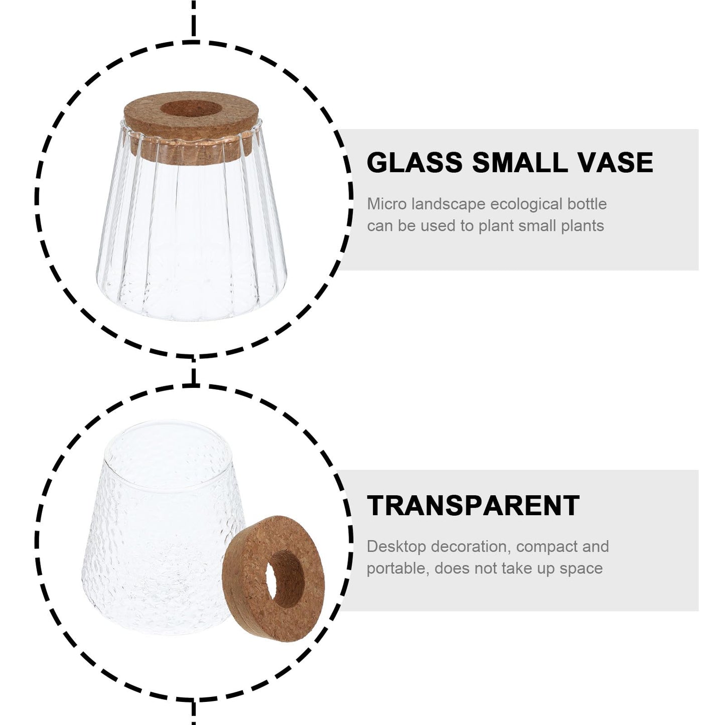 Toyvian 3pcs Hydroponic Plant Vases with Smooth, Hammered, and Vertical Textured Volcanic Glass and Wooden Stoppers for Indoor Propagation, Desktop Terrarium, and Office Plant Accessories