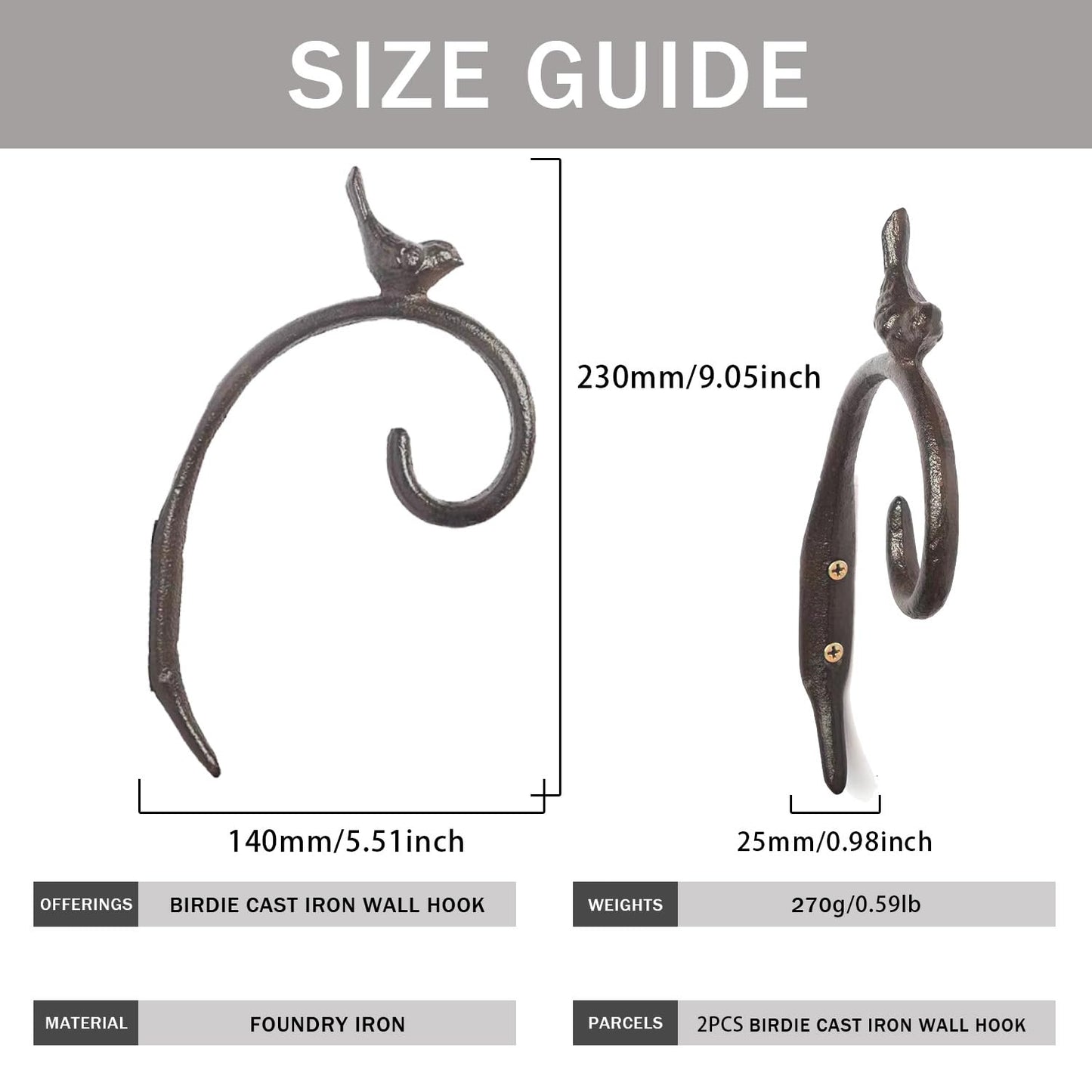 Zyuzles 2Pcs Cast Iron Wall Hanging Plant Bracket,Bird Wall Metal Plant Hangers Cast Iron Plant Hanger Decoration for Flower Basket Bird Feeder Wind Chimes Planters