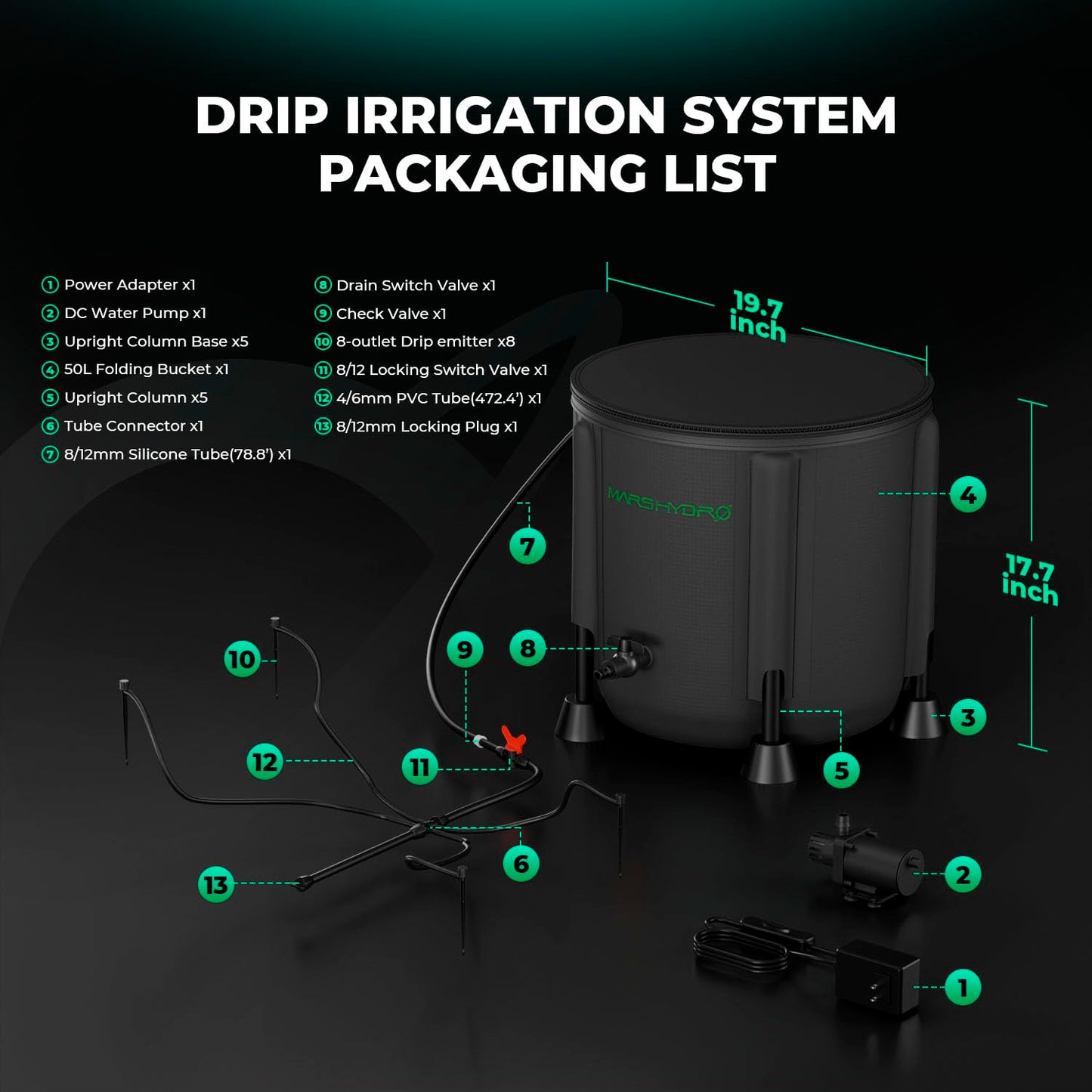 MARS HYDRO Auto Drip Irrigation Kits with 13 Gallon Foldable Bucket, 24W Upgraded Water Pump, 8 Drip Emitters, Garden Watering System for Grow Tent Indoor, Lawn, Greenhouse, Yard